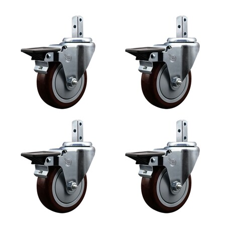 Service Caster 4'' Maroon Poly Wheel Swivel 3/4'' Square Stem Caster Set with Brake, 4PK SCC-SQ20S414-PPUB-MRN-PLB-34-4